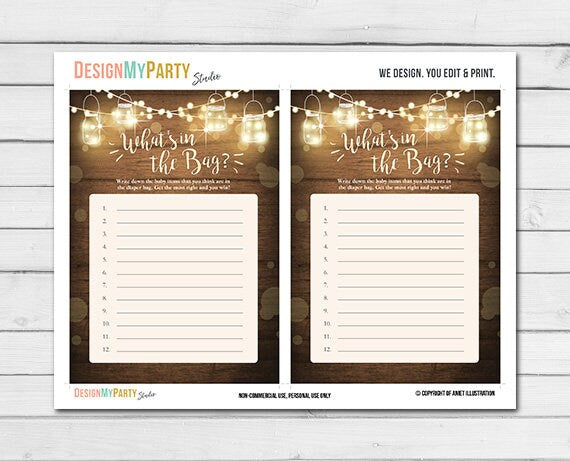 Rustic Lights Baby Shower What&#39;s in the Bag Game Cards Wood Mason Jars String Lights Winter Gender Neutral Printable Instant Download 0015