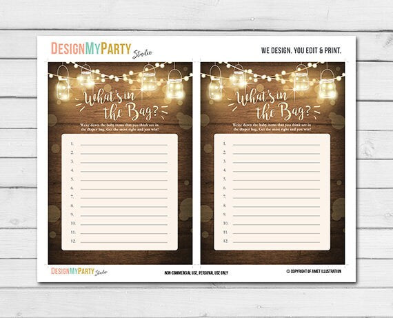 Rustic Lights Baby Shower What's in the Bag Game Cards Wood Mason Jars String Lights Winter Gender Neutral Printable Instant Download 0015