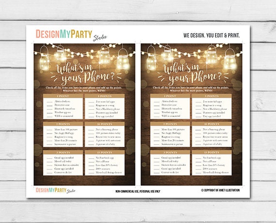 Rustic Lights Baby Shower What's in Your Phone Game Cards Wood Mason Jars String Lights Fall Gender Neutral Printable Instant Download 0015