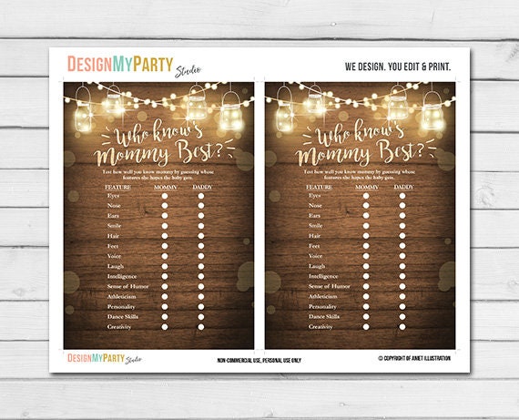 Rustic Lights Baby Shower Who Know's Mommy Best Game Cards Wood Mason Jars String Lights Fall Gender Neutral Printable Instant Download 0015