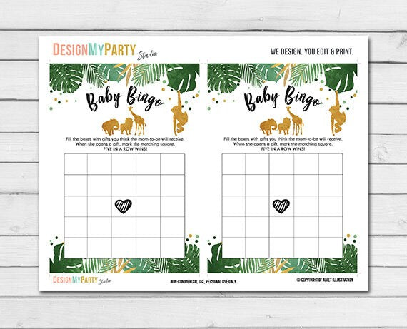 Safari Baby Shower Bingo Game Cards Wild One Animals Shower Game Shower Activity Black and Gold Neutral Printable Instant Download 0016