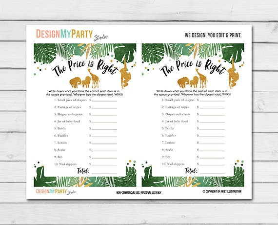 Safari Baby Shower The Price is Right Game Cards Wild One Jungle Animals Gold Black Zoo Shower Activity Printable Instant Download 0016