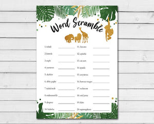 Safari Baby Shower Word Scramble Game Cards Wild one Animals Jungle Shower Activity Gold Black Zoo Printable Instant Download 0016