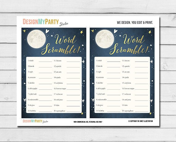 Baby Shower Love You To The Moon And Back Word Scramble Game Cards Boy Navy Blue Twinkle Twinkle Little Star Printable Instant Download 0017