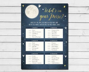 Baby Shower Love You To The Moon And Back Whats in Your Purse Game Boy Navy Blue Twinkle Twinkle Little Star Printable Instant Download 0017