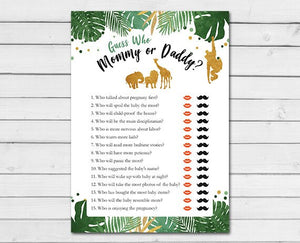 Safari Baby Shower Mommy or Daddy Guess Who Cards Jungle Animals Zoo Black and Gold Gender Neutral Greenery Printable Instant Download 0016