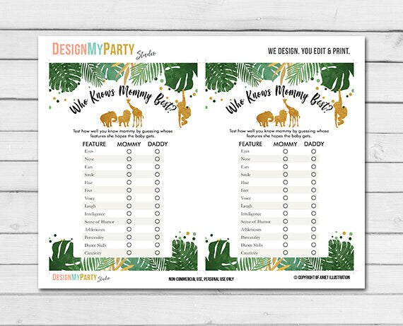 Safari Baby Shower Who Knows Mommy Best Game Jungle Animals Zoo guess the Features Shower Activity Gold Printable Instant Download 0016
