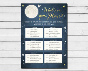 Baby Shower Love You To The Moon And Back What's in Your Phone Game Navy Blue Twinkle Twinkle Little Star Printable Instant Download 0017