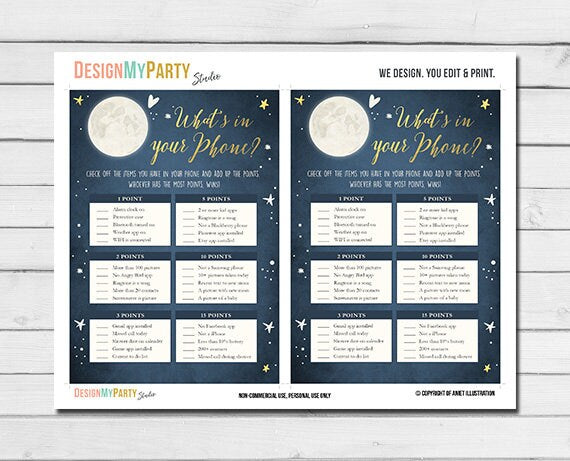 Baby Shower Love You To The Moon And Back What's in Your Phone Game Navy Blue Twinkle Twinkle Little Star Printable Instant Download 0017