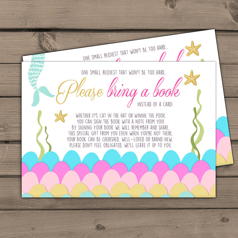 Baby shower Bring a book card Mermaid Baby shower Mermaid Book insert Girl Book card Pink Gold Coral Under the sea DIY PRINTABLE 0021