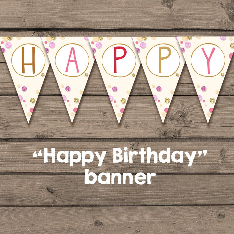 Happy Birthday banner Gold pink glitter Confetti Happy birthday bunting banner Instant download PRINTABLE banner Birthday banner PDF DIY
