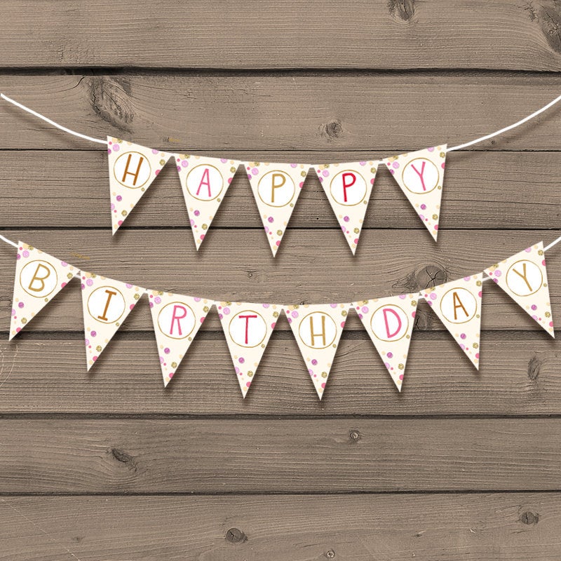 Happy Birthday banner Gold pink glitter Confetti Happy birthday bunting banner Instant download PRINTABLE banner Birthday banner PDF DIY