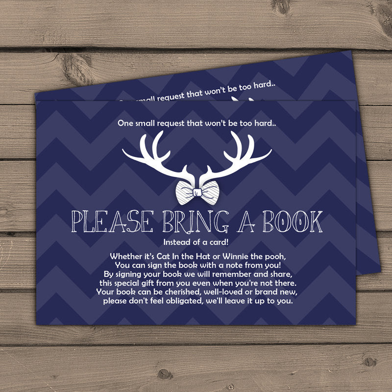 Baby shower Bring a book card Oh deer Baby shower Baby Boy Oh Boy shower Bowtie Book insert Book card Blue Navy chevron Digital PRINTABLE