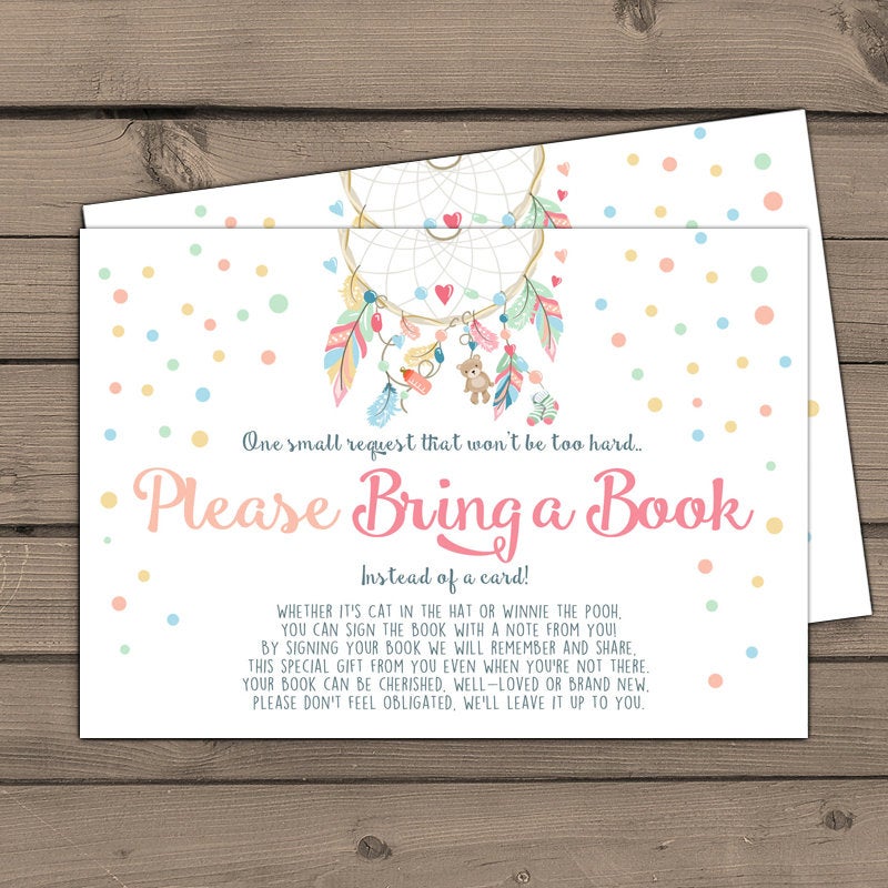 Baby shower Bring a book card Dreamcatcher Baby Shower Boho Book insert Bohemian Books for baby Dream Catcher PRINTABLE download 0062
