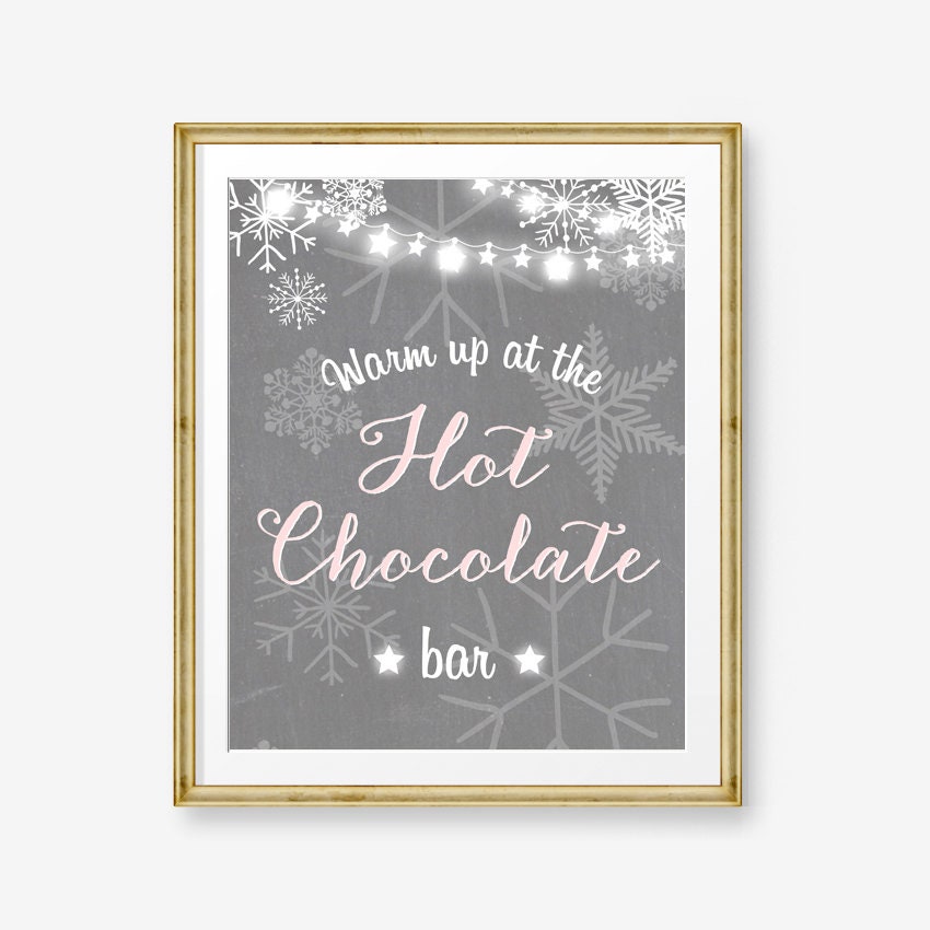 Hot Chocolate Bar Sign Winter birthday sign Hot cocoa bar table sign Warm up at the hot chocolate Baby shower Pink Digital PRINTABLE 0027
