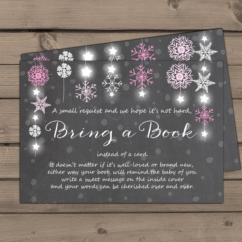 Baby Shower Bring a Book Card Baby It’s Cold Outside Snowflakes Chalkboard Pink Baby Girl Shower Winter Stars Holiday DIY PRINTABLE PDF 0057