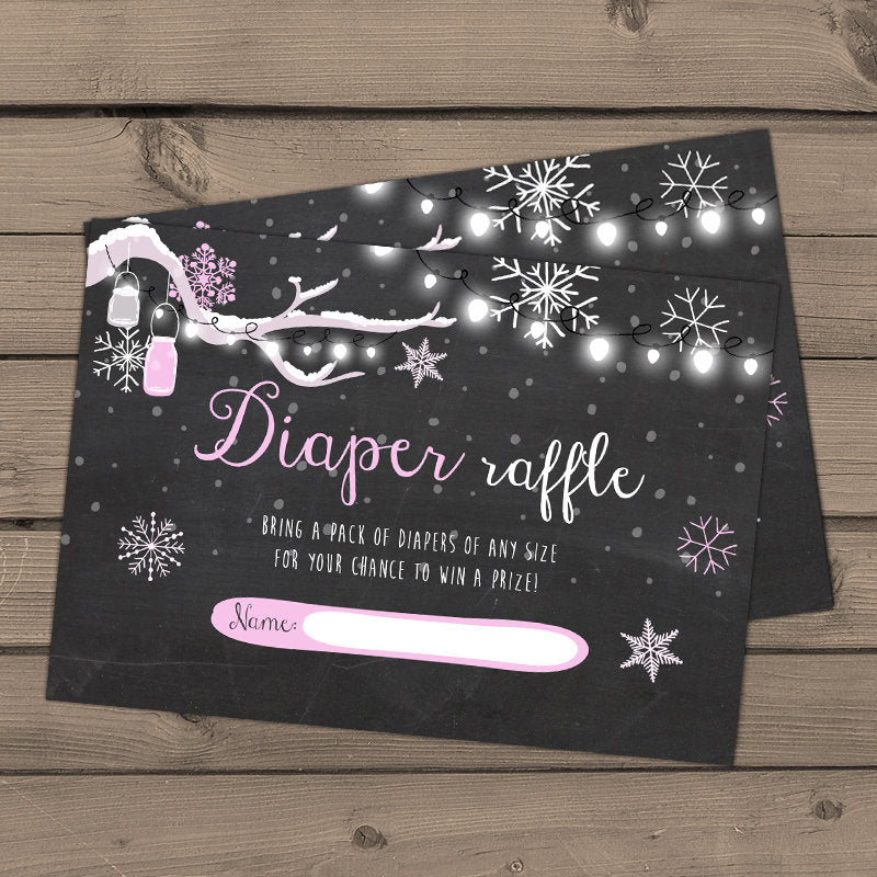 Baby shower Diaper raffle card Baby it’s cold outside Snowflakes Chalkboard Pink Baby girl shower winter Mason jars Digital PRINTABLE 0012