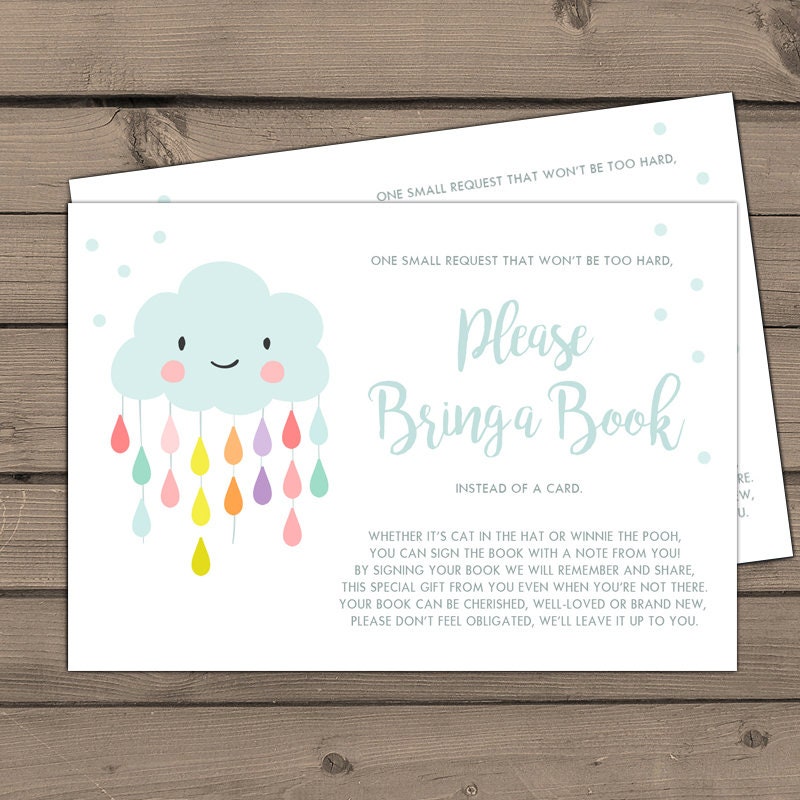 Baby shower Bring a book card Rain cloud Baby Boy Baby girl Baby Sprinkle Rain drops Book insert Book card Rainbow Cloud PRINTABLE 0036