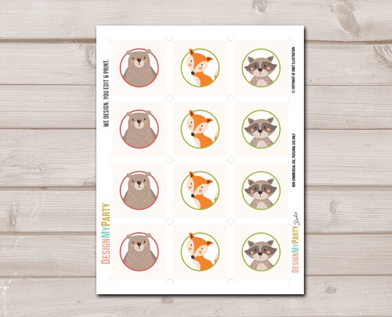 Woodland Cupcake Toppers Favor Tags Birthday Party Decoration Stickers Baby shower favors Boy Girl Instant download Digital PRINTABLE 0010
