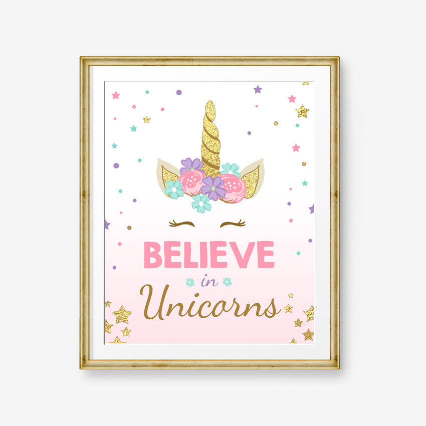 Unicorn Party Sign Unicorn Table Sign Unicorn Birthday Sign Girl Pink and Gold Birthday Decor Believe in Unicorns Digital PRINTABLE 0041