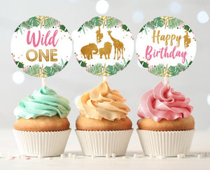 Wild One Cupcake Toppers Favor Tags Birthday Party Decoration Gril Stickers Safari Animals Pink and Gold download Digital PRINTABLE 0016