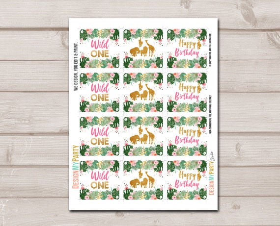 Wild One Cupcake Toppers Favor Tags Birthday Party Decoration Gril Stickers Safari Animals Pink and Gold download Digital PRINTABLE 0016