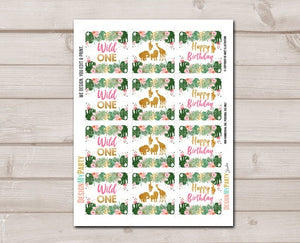 Wild One Cupcake Toppers Favor Tags Birthday Party Decoration Gril Stickers Safari Animals Pink and Gold download Digital PRINTABLE 0016