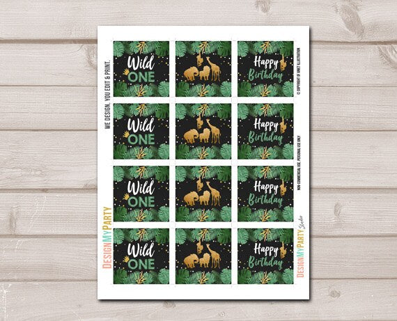 Wild One Cupcake Toppers Favor Tags Birthday Party Decoration Boy Stickers Safari Animals Black and Gold download Digital PRINTABLE 0016
