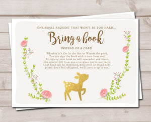 Little Baby shower Bring a book card Woodland Book insert Book card Gold Neutral Floral Foliage Little Buck Hunting PRINTABLE 0085
