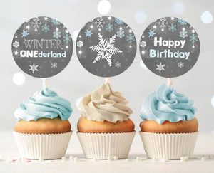 Winter Onederland Cupcake Toppers Favor Tags Birthday Party Decoration Boy Blue Stickers Winter Snowflakes download Digital PRINTABLE 0057