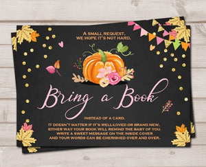 Rustic Pumpkin Baby Shower Bring a Book Chalk Baby Girl Pink and Gold Autumn Fall Book Request Library Book insert Book card PRINTABLE 0056