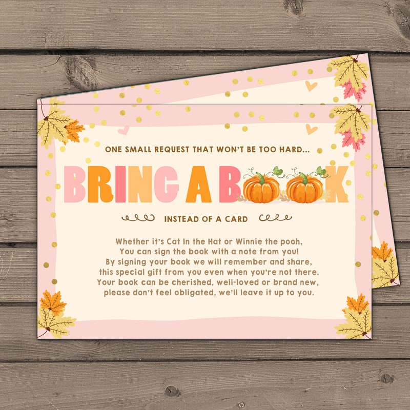 Rustic Pumpkin Baby Shower Bring a Book Rustic Baby Girl Pink and Gold Autumn Fall Book Request Library Book insert Book card PRINTABLE 0055