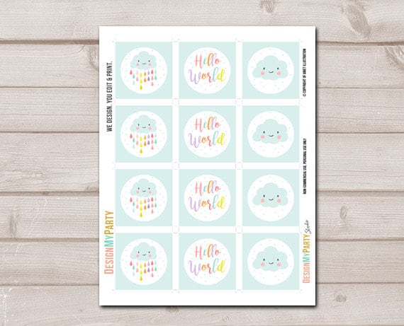 Cloud Baby Shower Cupcake Toppers Favor Tags Rain Cloud Decoration Baby Sprinkle Rainbow Raindrops Neutral download Digital PRINTABLE 0036