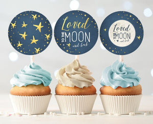 Loved to the Moon and Back Cupcake Toppers Favor Tags Baby Shower Decoration Little Star Navy Gold Sprinkle download Digital PRINTABLE 0017
