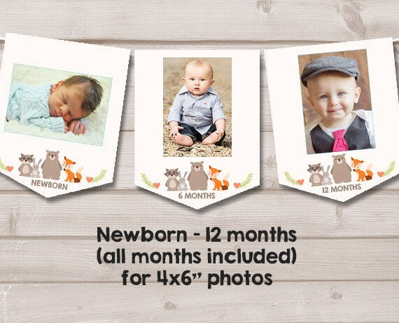 Woodland First birthday banner Monthly Photo Banner Woodland Banner Birthday Forest Animals Bear Fox Boy party decor PRINTABLE Digital 0010
