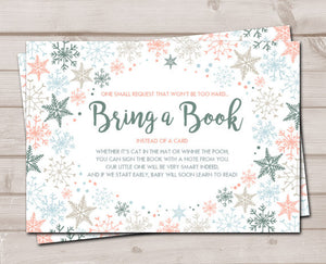 Baby shower Bring a book card Book Insert Baby it’s cold outside Snowflakes Rustic Coral Navy Blue winter Gender neutral PRINTABLE PDF 0078