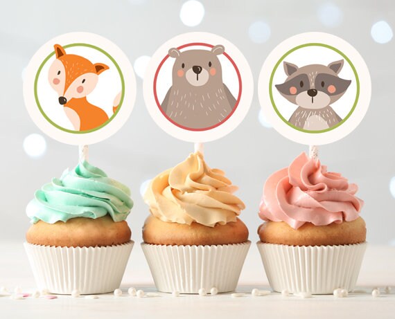 Woodland Cupcake Toppers Favor Tags Birthday Party Decoration Stickers Baby shower favors Boy Girl Instant download Digital PRINTABLE 0010
