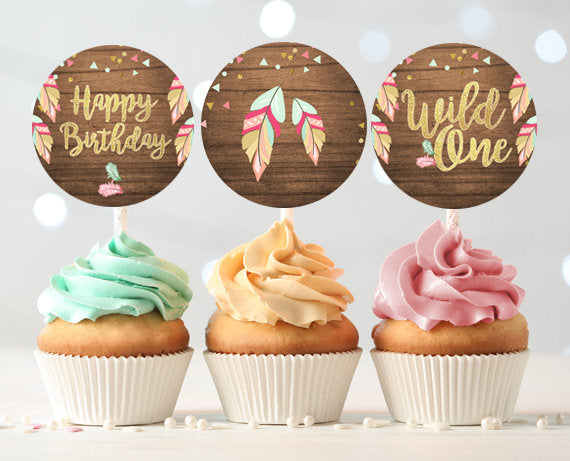 Wild One Cupcake Toppers Favor Tags Birthday Party Decoration Pink and Gold Feathers Tribal Party Boho Mint download Digital PRINTABLE 0038