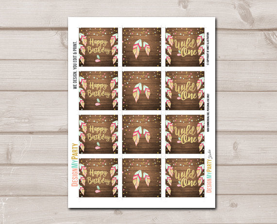 Wild One Cupcake Toppers Favor Tags Birthday Party Decoration Pink and Gold Feathers Tribal Party Boho Mint download Digital PRINTABLE 0038