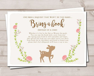 Little Baby shower Bring a book card Woodland Book insert Book card Gender neutral Floral Foliage Little Buck Hunting PRINTABLE 0085