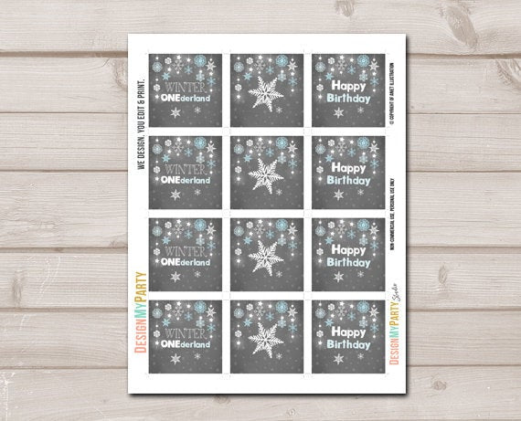 Winter Onederland Cupcake Toppers Favor Tags Birthday Party Decoration Boy Blue Stickers Winter Snowflakes download Digital PRINTABLE 0057