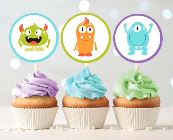 Little Monster Cupcake Toppers Favor Tags Monsters Birthday Party Decoration Boy Stickers Monsters Toppers download Digital PRINTABLE 0058