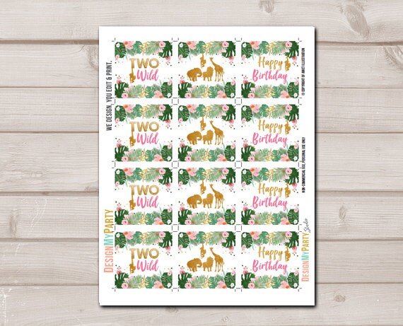 Two Wild Cupcake Toppers Favor Tags Birthday Party Decoration Girl Stickers Safari Animals Pink and Gold download Digital PRINTABLE 0016