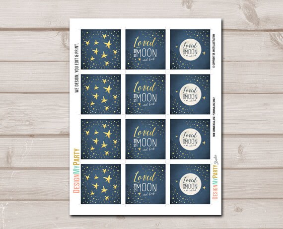 Loved to the Moon and Back Cupcake Toppers Favor Tags Baby Shower