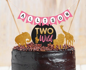 Two Wild Cake Topper First Birthday Safari Animals Name Banner Girl Pink Gold Jungle Birthday Zoo party decor PRINTABLE Digital 0016