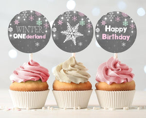 Winter Onederland Cupcake Toppers Favor Tags Birthday Party Decoration Girl Pink Stickers Winter Snowflakes download Digital PRINTABLE 0057