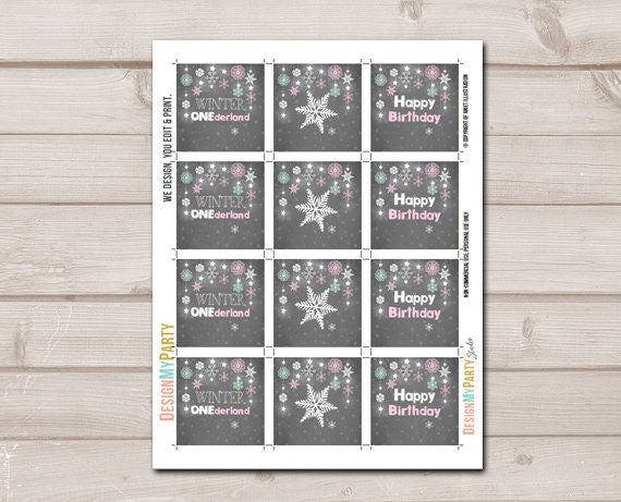 Winter Onederland Cupcake Toppers Favor Tags Birthday Party Decoration Girl Pink Stickers Winter Snowflakes download Digital PRINTABLE 0057