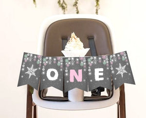Winter Onederland HighChair Banner First Birthday Winter Party High Chair Banner ONE snowflakes Woodland party decor PRINTABLE Digital 0057