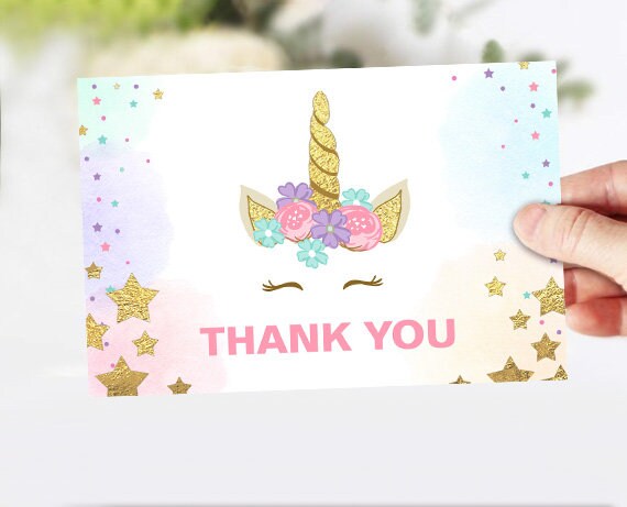 Unicorn Thank you Card Unicorn Birthday Thank You Note Unicorn Party Magical Rainbow Pink and Gold Girl Birthday 4x6&quot; Instant Download 0041