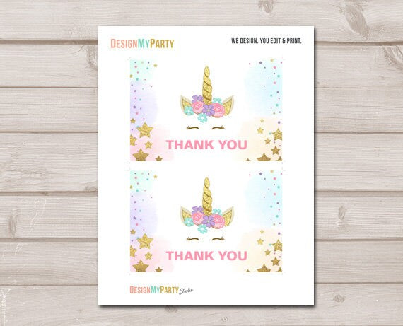 Unicorn Thank you Card Unicorn Birthday Thank You Note Unicorn Party Magical Rainbow Pink and Gold Girl Birthday 4x6&quot; Instant Download 0041